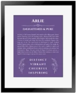 Arlie personalized name print with origin and traits in purple with black matte frame