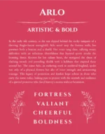 Arlo personalized name print with origin and traits in red