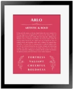 Arlo personalized name print with origin and traits in red with black matte frame