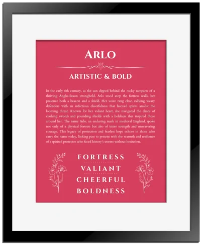 Arlo personalized name print with origin and traits in red with black matte frame