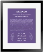 Armaan name meaning wall art by Get Your Story in purple with black matte frame