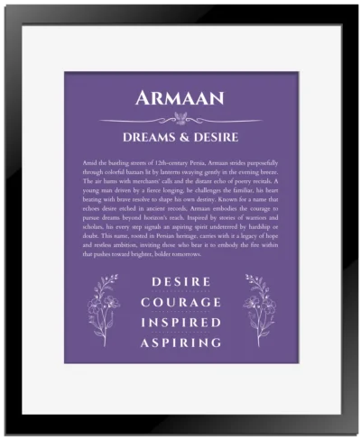 Armaan name meaning wall art by Get Your Story in purple with black matte frame