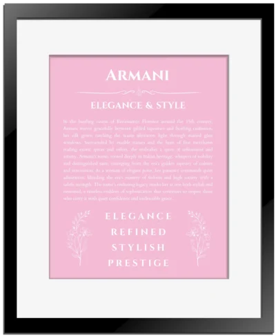 Armani name meaning wall art by Get Your Story in light pink with black matte frame