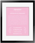 Armon personalized name meaning print in light pink with black matte frame