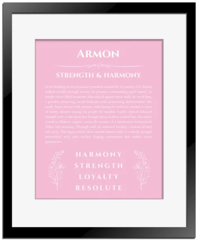 Armon personalized name meaning print in light pink with black matte frame