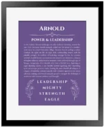 Arnold name origin print with meaning and traits in purple with black matte frame