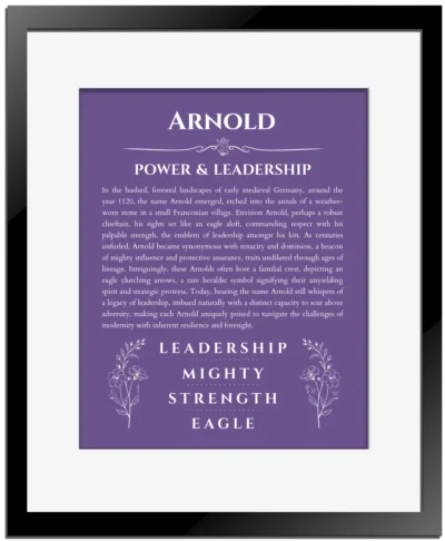 Arnold name origin print with meaning and traits in purple with black matte frame