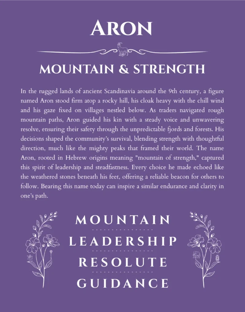 Aron personalized name art with origin story in purple