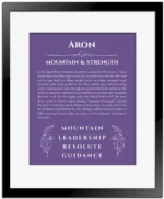 Aron personalized name art with origin story in purple with black matte frame