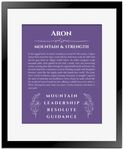 Aron personalized name art with origin story in purple with black matte frame