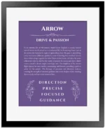 Arrow personalized name print with origin and traits in purple with black matte frame