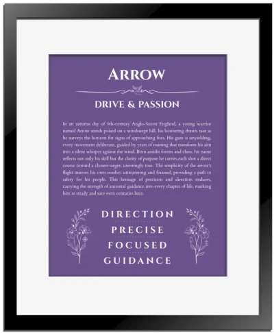 Arrow personalized name print with origin and traits in purple with black matte frame