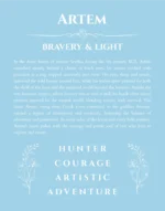 Artem custom name art showing meaning and origin in light blue