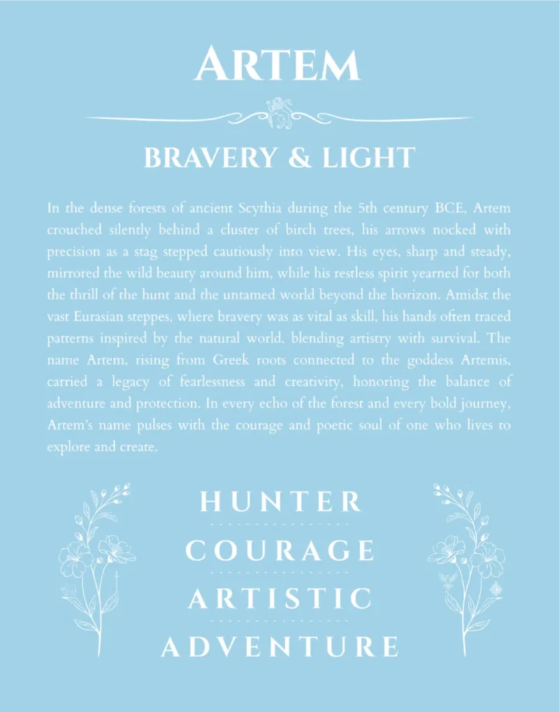 Artem custom name art showing meaning and origin in light blue