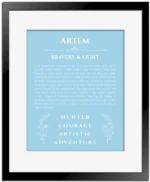 Artem custom name art showing meaning and origin in light blue with black matte frame