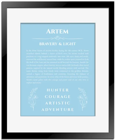 Artem custom name art showing meaning and origin in light blue with black matte frame