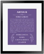 Arthur custom name art showing meaning and origin in purple with black matte frame