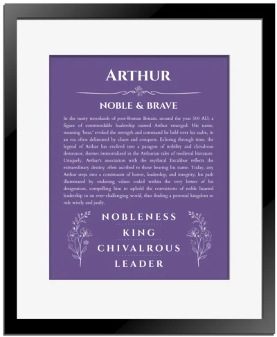 Arthur custom name art showing meaning and origin in purple with black matte frame