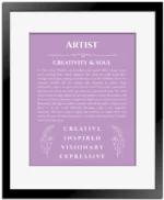 Artist custom name meaning print in light purple with black matte frame