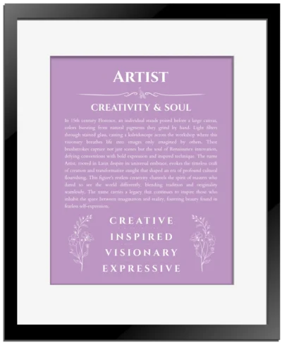 Artist custom name meaning print in light purple with black matte frame