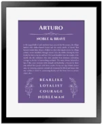 Arturo personalized name art with origin story in purple with black matte frame