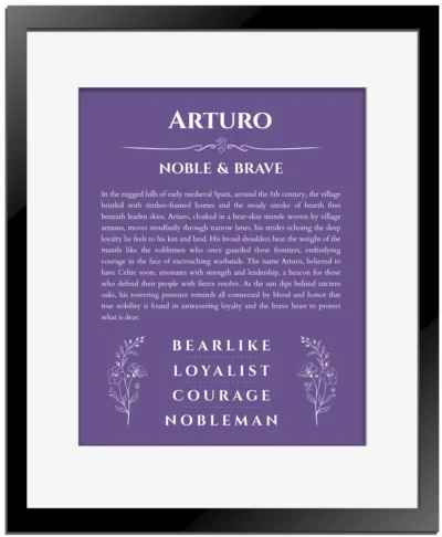 Arturo personalized name art with origin story in purple with black matte frame