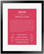 Arvin personalized name art with origin story in red with black matte frame