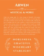 Arwen name origin print with meaning and traits in orange