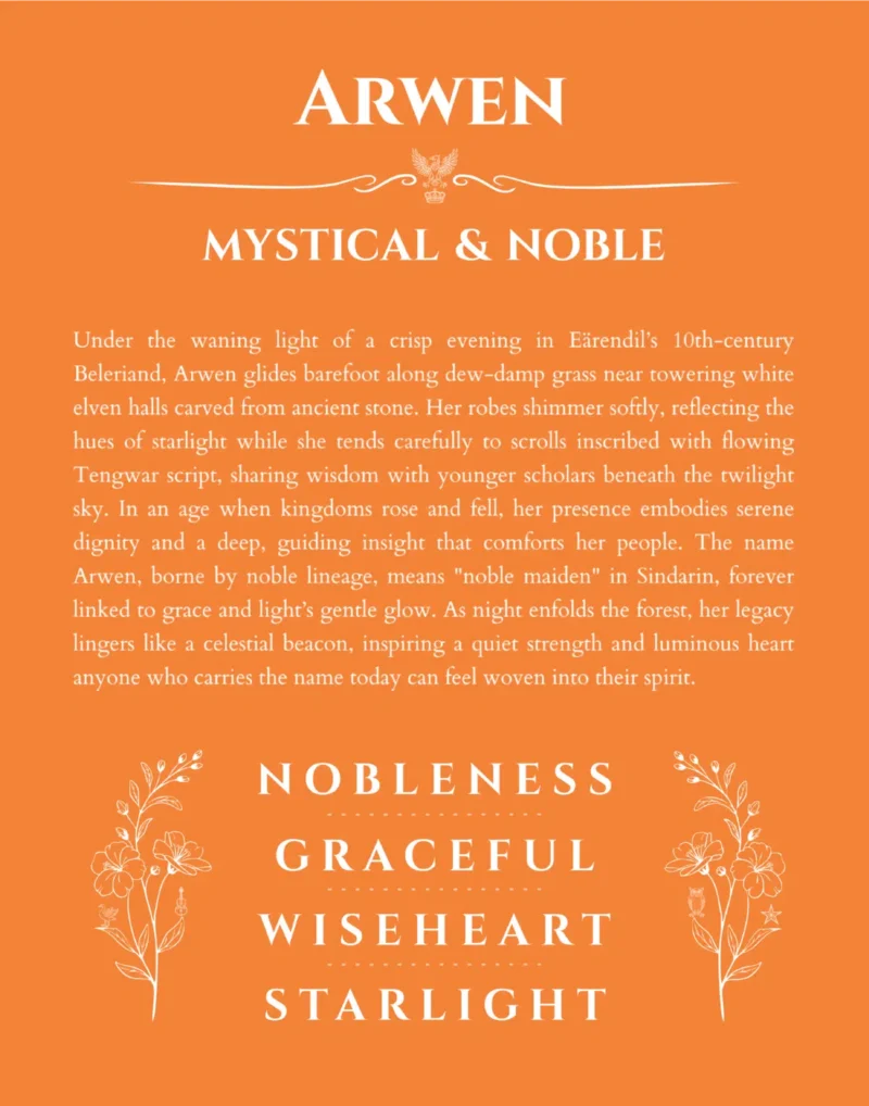 Arwen name origin print with meaning and traits in orange