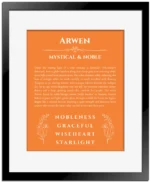 Arwen name origin print with meaning and traits in orange with black matte frame