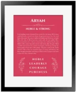 Aryan name origin print with meaning and traits in red with black matte frame