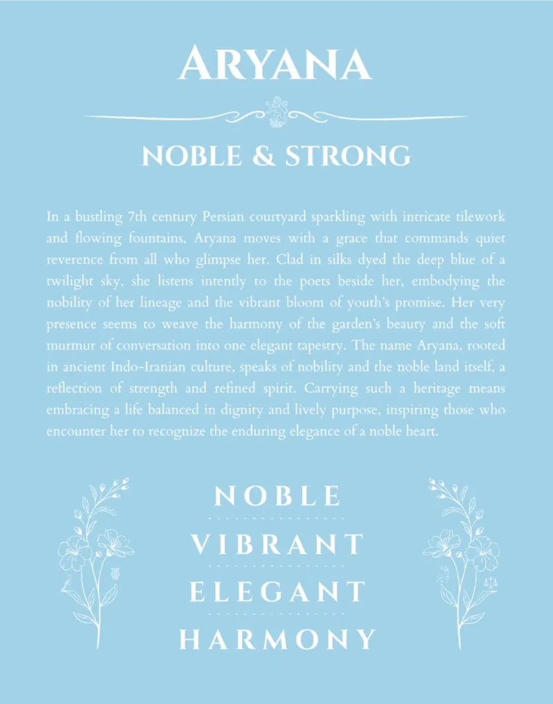 Aryana personalized name print with origin and traits in light blue