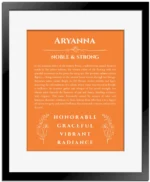 Aryanna custom name print for wall display in orange with black matte frame