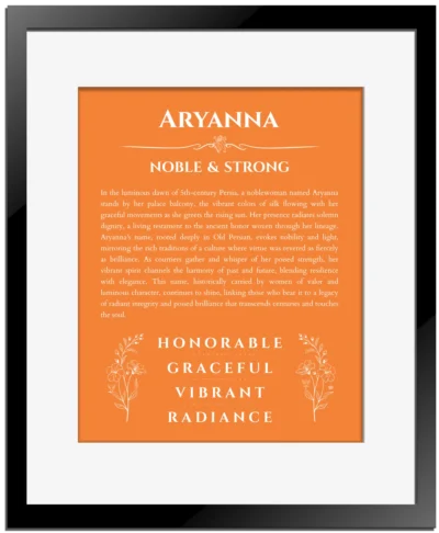 Aryanna custom name print for wall display in orange with black matte frame