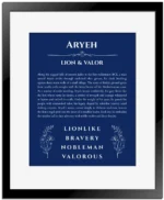 Aryeh personalized name print with origin and traits in deep blue with black matte frame