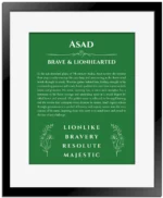 Asad personalized name meaning print in dark green with black matte frame
