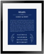 Asael name meaning gift print in deep blue with black matte frame
