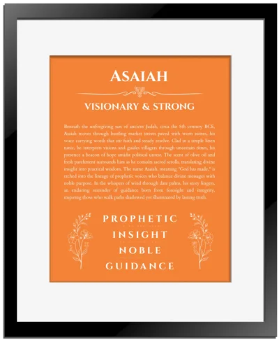 Asaiah personalized name art with origin story in orange with black matte frame