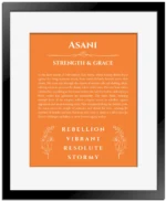 Asani personalized name art with origin story in orange with black matte frame