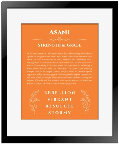 Asani personalized name art with origin story in orange with black matte frame