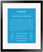 Asante personalized wall art with the story of your name in blue with black matte frame