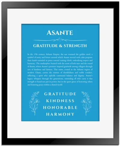 Asante personalized wall art with the story of your name in blue with black matte frame