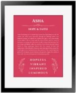 Asha personalized name art with origin story in red with black matte frame