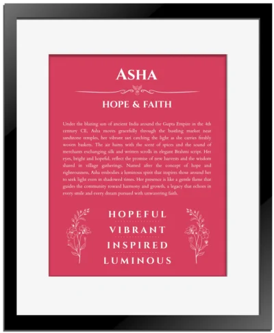 Asha personalized name art with origin story in red with black matte frame