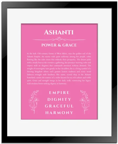 Ashanti personalized name meaning print in pink with black matte frame