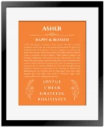 Asher personalized name art with origin story in orange with black matte frame