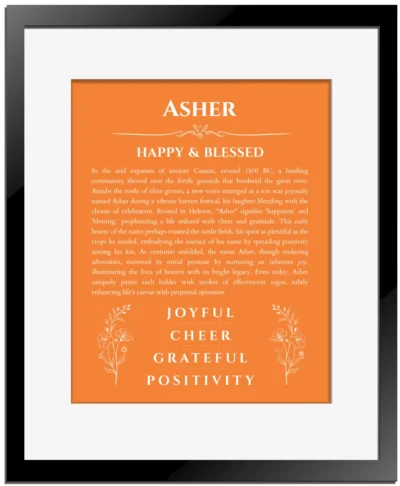 Asher personalized name art with origin story in orange with black matte frame