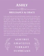 Ashly custom name art showing meaning and origin in light purple