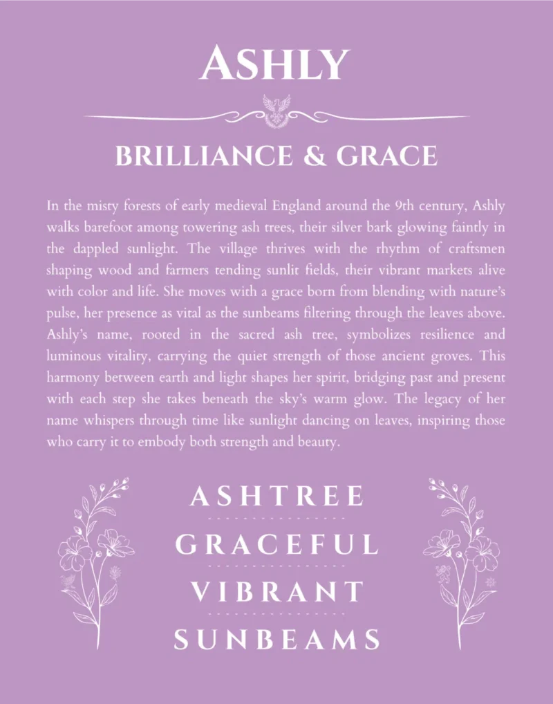 Ashly custom name art showing meaning and origin in light purple