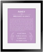 Ashly custom name art showing meaning and origin in light purple with black matte frame